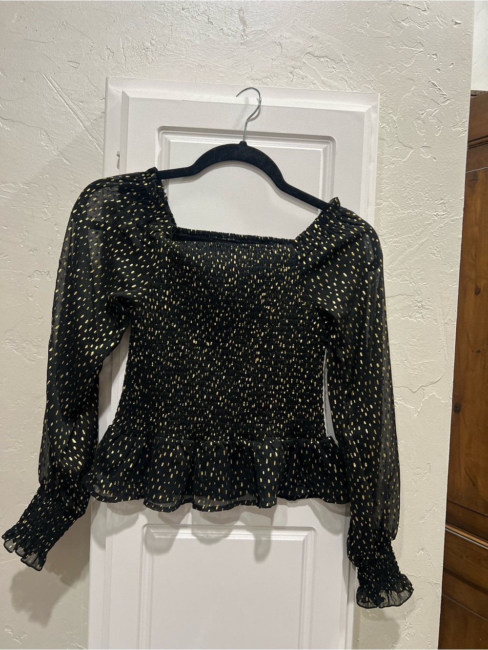 Chelsea & Violet Black Smocked Peplum Top with Gold Dot Accents